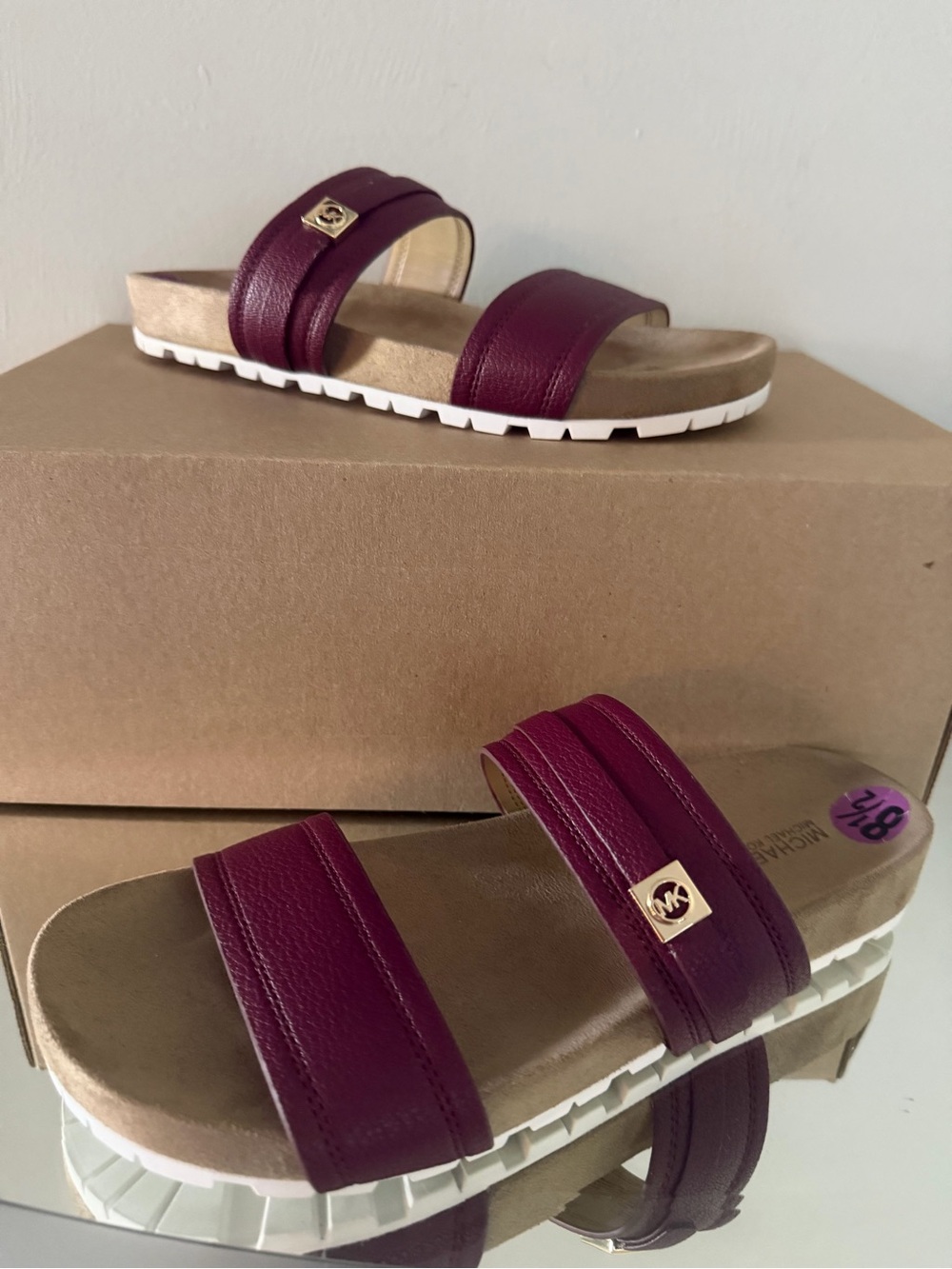 MICHAEL KORS Burgundy Slide Sandals Gold MK Accent Size 8.5